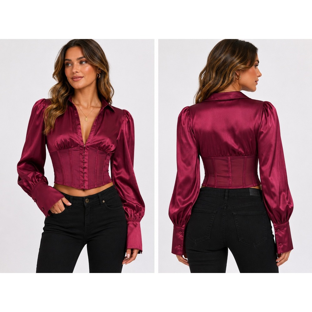 Top Chic Womens Burgundy Satin Corset Blouse Long Sleeve Mesh Panel Top Large